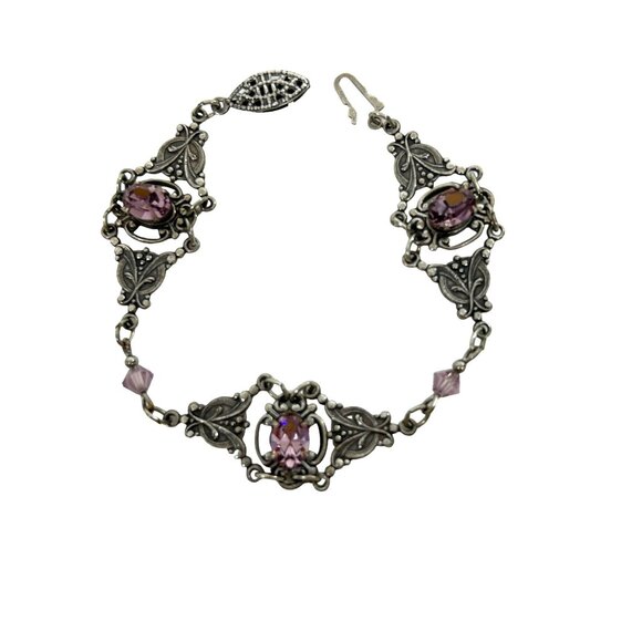 Sadie Green Vtg Bracelet Silver Tone Faux Amethyst Floral Filigree Panels Beads - Picture 1 of 16